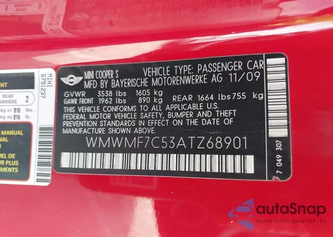 2010 Mini Cooper S из США, поврежденный, VIN WMWMF7C53ATZ68901